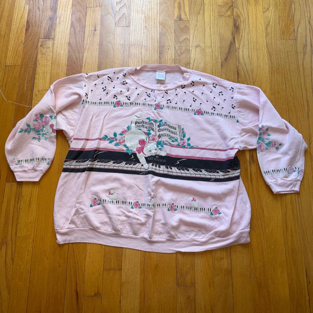 Vintage Spumoni Kittenway Pink Cat Piano Musical Sweatshirt USA Kitten 80s 90s